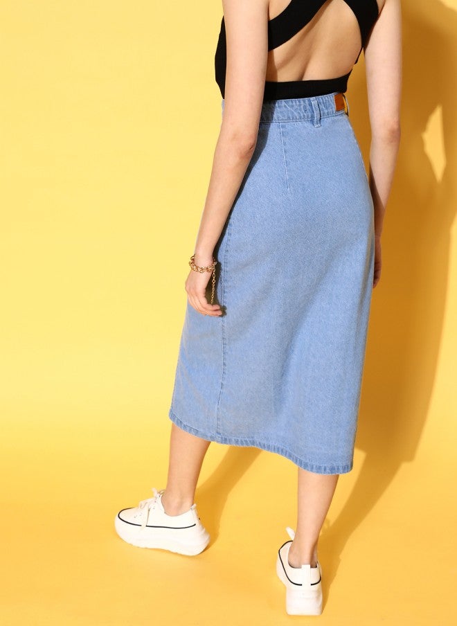 SASSAFRAS Blue Solid Denim Midi Skirt for Women - Image 4