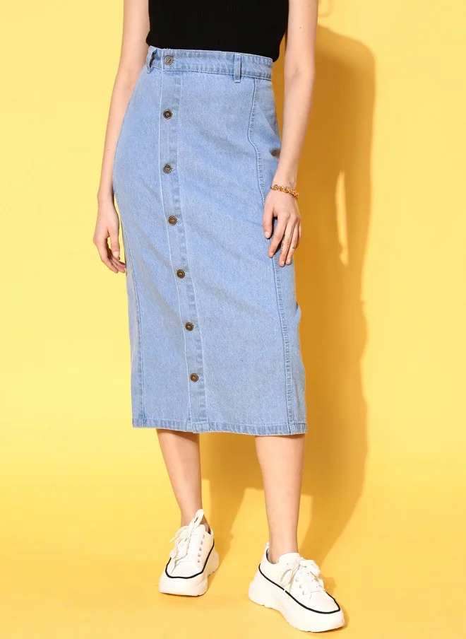 ساسافراس Blue Solid Denim Midi Skirt for Women