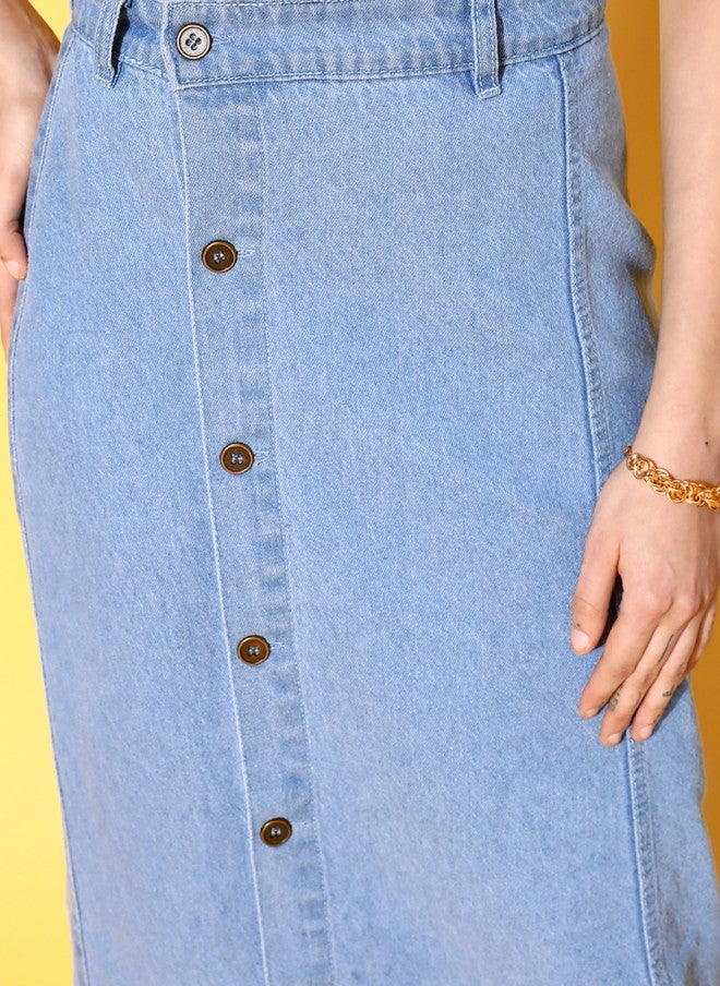 SASSAFRAS Blue Solid Denim Midi Skirt for Women - Image 5