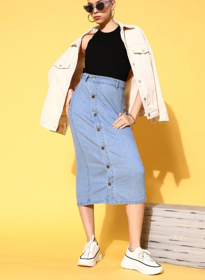 SASSAFRAS Blue Solid Denim Midi Skirt for Women - Image 1
