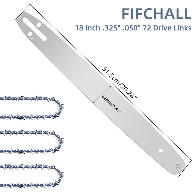 Fifchall 18 Inch Chainsaw Bar and M72 Chain Combo Fit Husqvarna, .325" Pitch .050" Gauge 72 Drive Links Replacement Chains Fit Husqvarna 435, 440, 545, 345, 350, 51, 55 RANCHER, 550XP (3 Chains+ 1 Bar) - Image 3