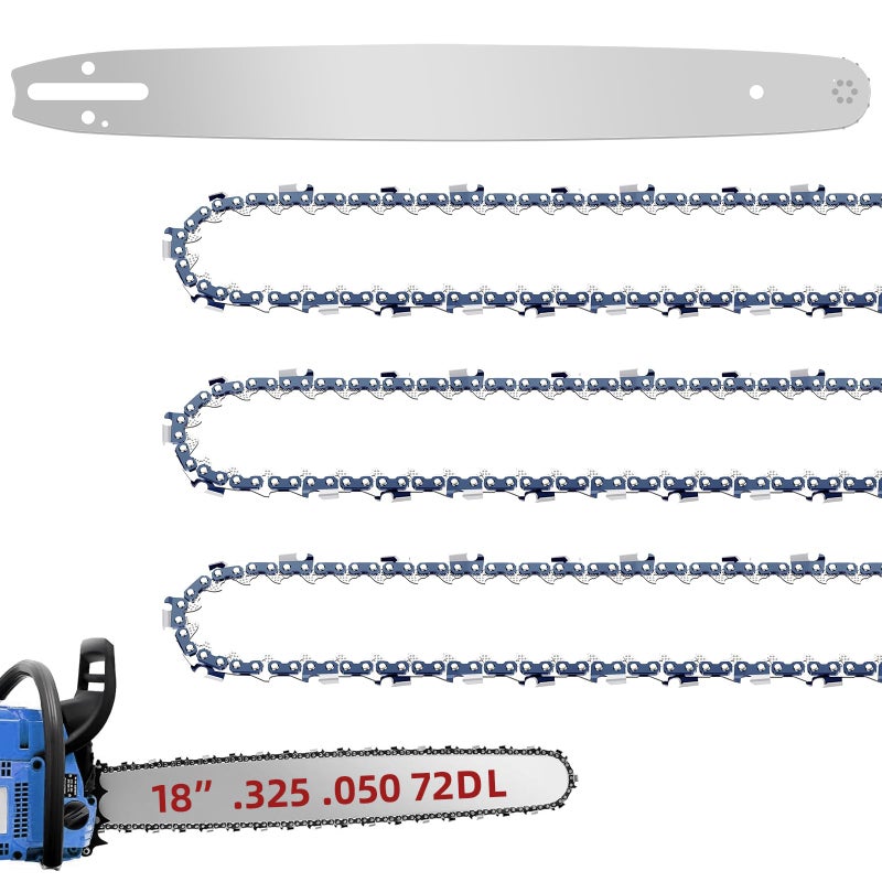 Fifchall 18 Inch Chainsaw Bar and M72 Chain Combo Fit Husqvarna, .325" Pitch .050" Gauge 72 Drive Links Replacement Chains Fit Husqvarna 435, 440, 545, 345, 350, 51, 55 RANCHER, 550XP (3 Chains+ 1 Bar) - Image 1