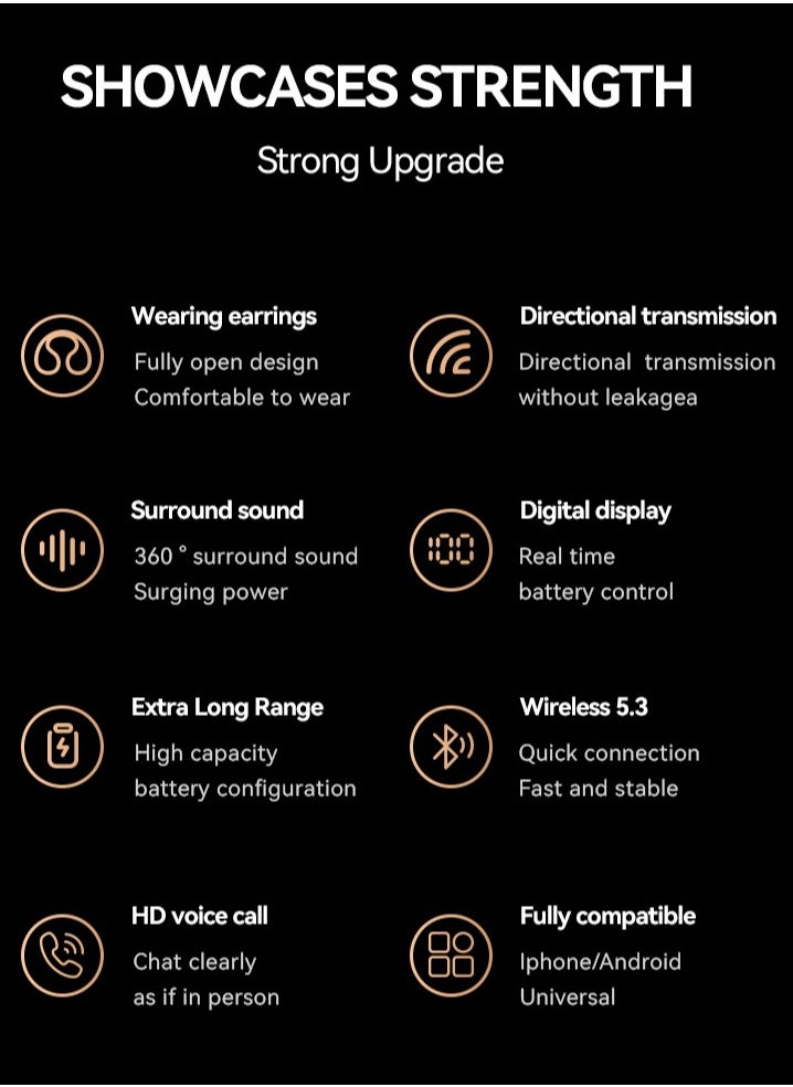 Open Bluetooth 5.3 Earphones, Wireless Earphones with Ear Hook, ENC Noise Cancelling, IPX6 Waterproof, Clip-On Earphones Sports Headphones