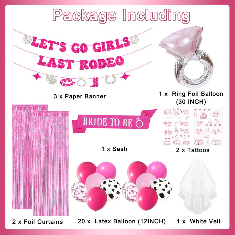 Roetyce Last Rodeo Bachelorette Party Decorations, Pink Bride To Be Sash Veil Fringe Curtain, Let's Go Girls Banner Balloons Temporary Tattoos Kit, Cowgirl Western Bridal Shower Wedding Decorations - Image 2