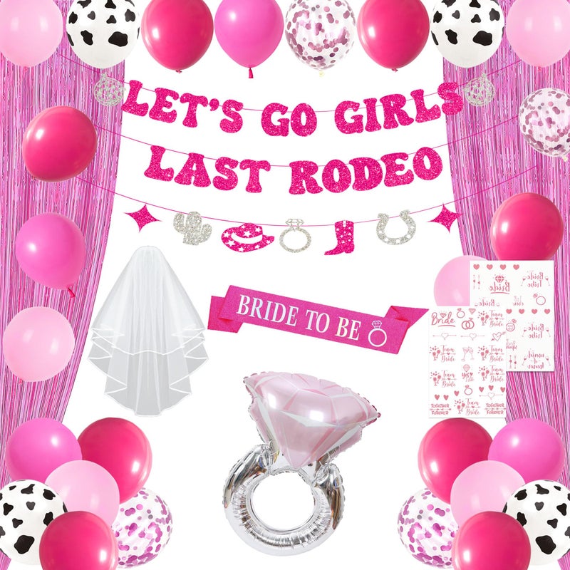 Roetyce Last Rodeo Bachelorette Party Decorations, Pink Bride To Be Sash Veil Fringe Curtain, Let's Go Girls Banner Balloons Temporary Tattoos Kit, Cowgirl Western Bridal Shower Wedding Decorations - Image 1