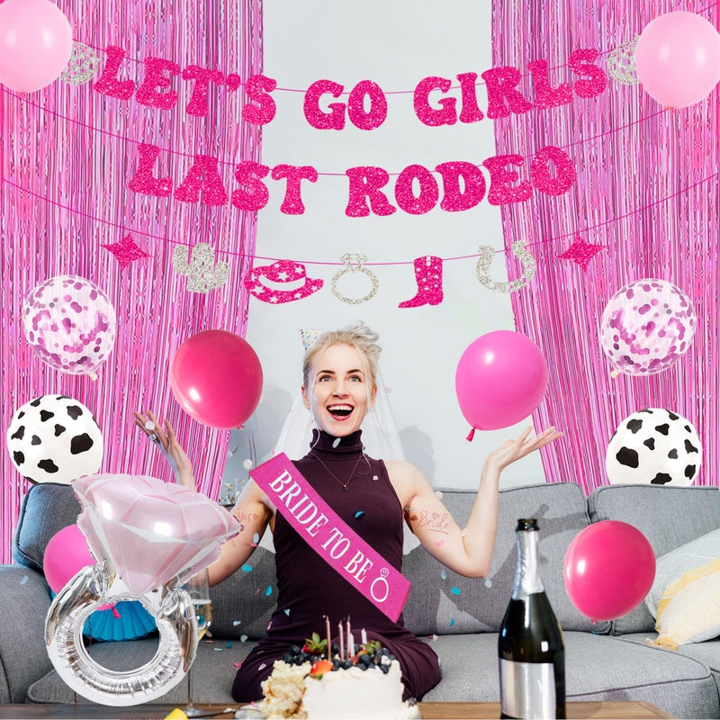 Roetyce Last Rodeo Bachelorette Party Decorations, Pink Bride To Be Sash Veil Fringe Curtain, Let's Go Girls Banner Balloons Temporary Tattoos Kit, Cowgirl Western Bridal Shower Wedding Decorations - Image 3