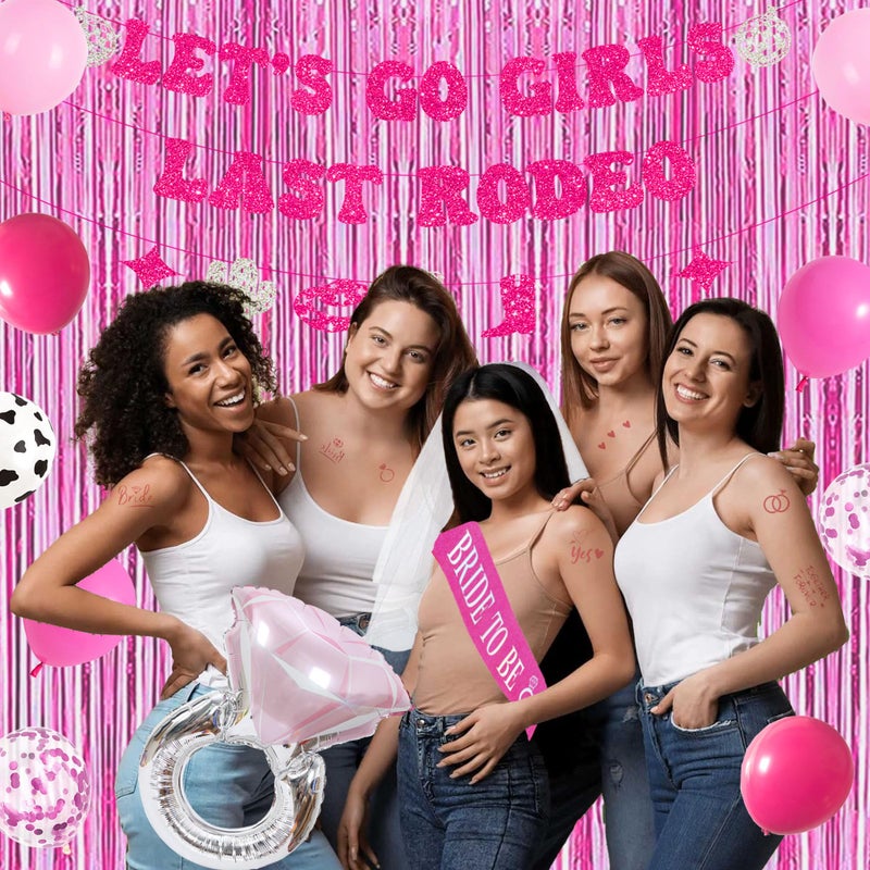 Roetyce Last Rodeo Bachelorette Party Decorations, Pink Bride To Be Sash Veil Fringe Curtain, Let's Go Girls Banner Balloons Temporary Tattoos Kit, Cowgirl Western Bridal Shower Wedding Decorations - Image 5