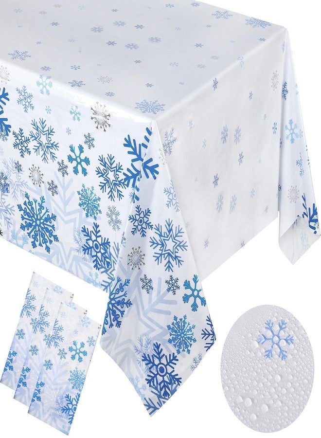 Oudain 3 Pcs Christmas Winter Snowflake Tablecloth Blue White Snowflakes Plastic Tablecloth Disposable Winter Table Cloth Snow Holiday Table Cover for Birthday Party Supplies Decorations, 54 x 108 in - Image 1