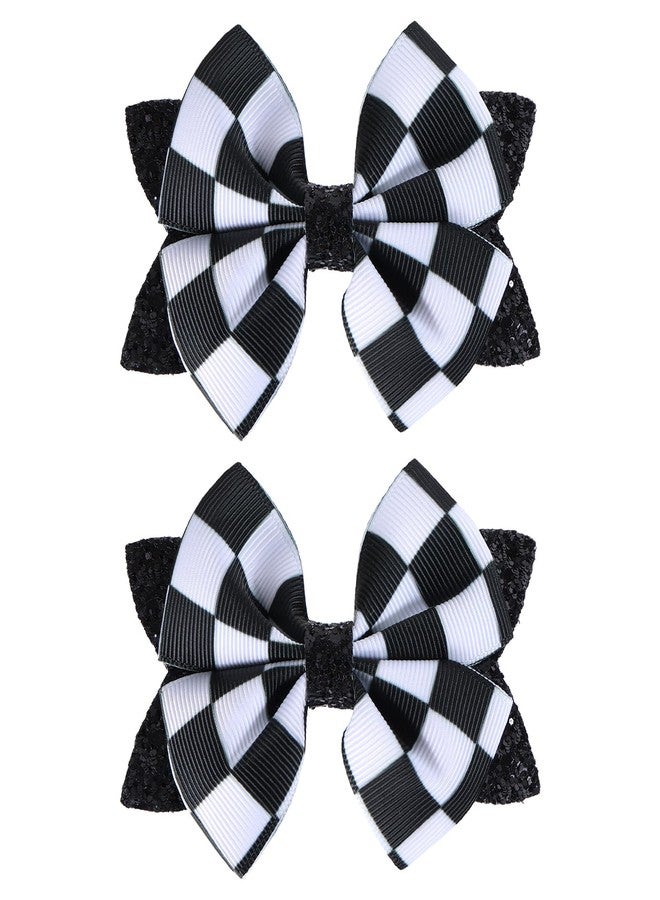 Miroksh Glitter Racing Checkered Flag Hair Bows Clips 4 inch Black White Buffalo Plaid Ribbon Pigtail Alligator Barrettes Kids Race Fan Car-Themed Birthday Party Gift Accessories - Image 1