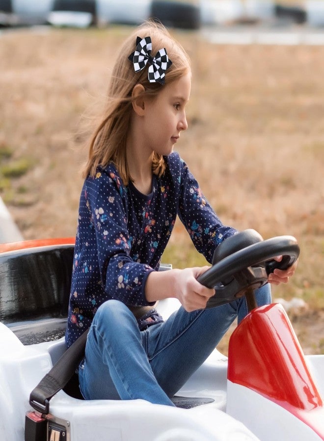 Miroksh Glitter Racing Checkered Flag Hair Bows Clips 4 inch Black White Buffalo Plaid Ribbon Pigtail Alligator Barrettes Kids Race Fan Car-Themed Birthday Party Gift Accessories - Image 4