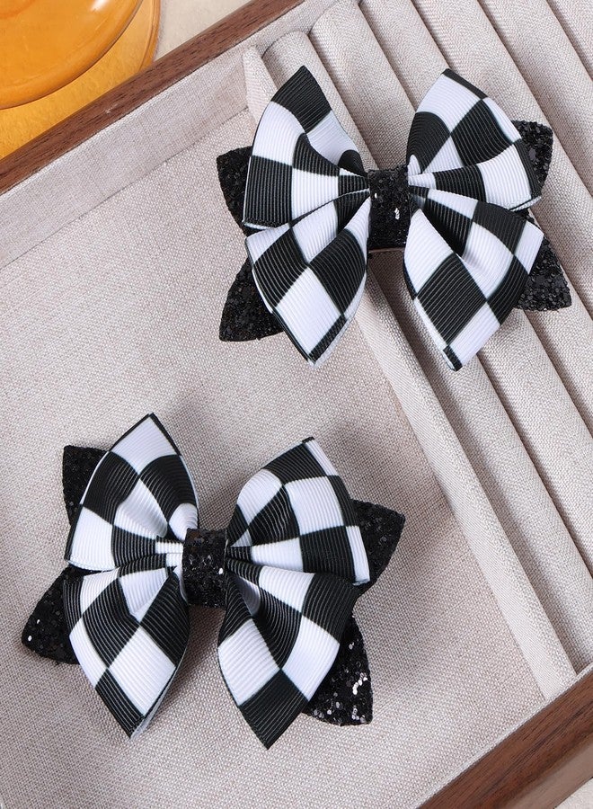 Miroksh Glitter Racing Checkered Flag Hair Bows Clips 4 inch Black White Buffalo Plaid Ribbon Pigtail Alligator Barrettes Kids Race Fan Car-Themed Birthday Party Gift Accessories - Image 2