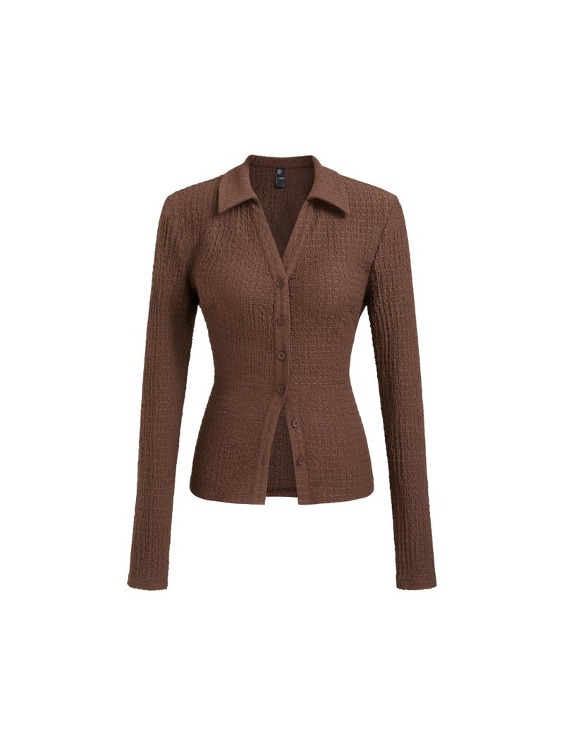 CIDER Women's Long Sleeve Tie Back Button Down Blouse Slim Fit V Neck Textured Top Casual Fall Outfit Brown - Image 1