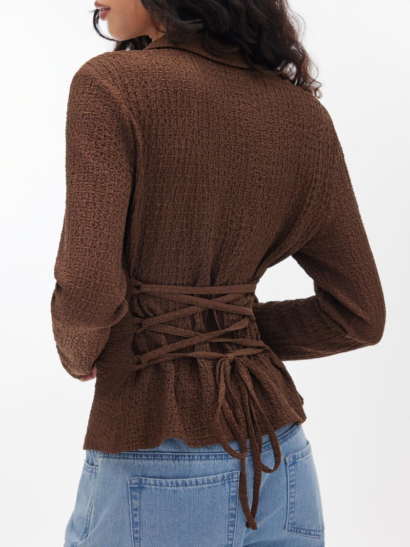 CIDER Women's Long Sleeve Tie Back Button Down Blouse Slim Fit V Neck Textured Top Casual Fall Outfit Brown - Image 5
