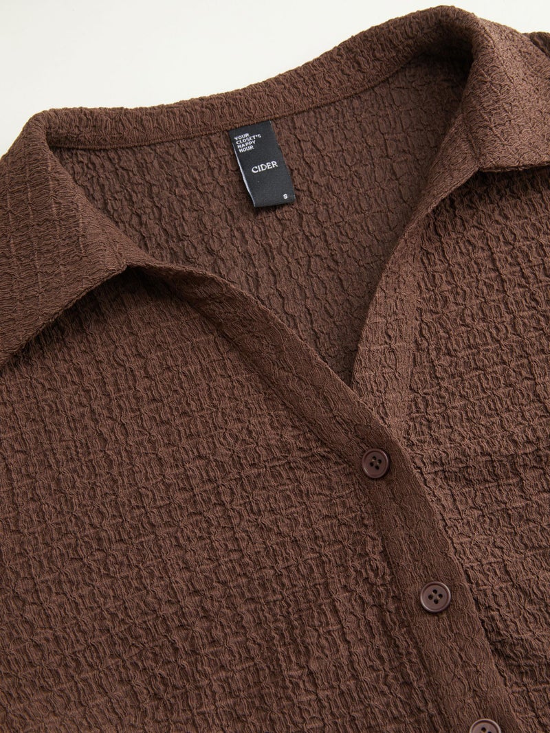 CIDER Women's Long Sleeve Tie Back Button Down Blouse Slim Fit V Neck Textured Top Casual Fall Outfit Brown - Image 4
