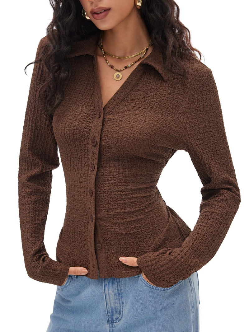 CIDER Women's Long Sleeve Tie Back Button Down Blouse Slim Fit V Neck Textured Top Casual Fall Outfit Brown - Image 2