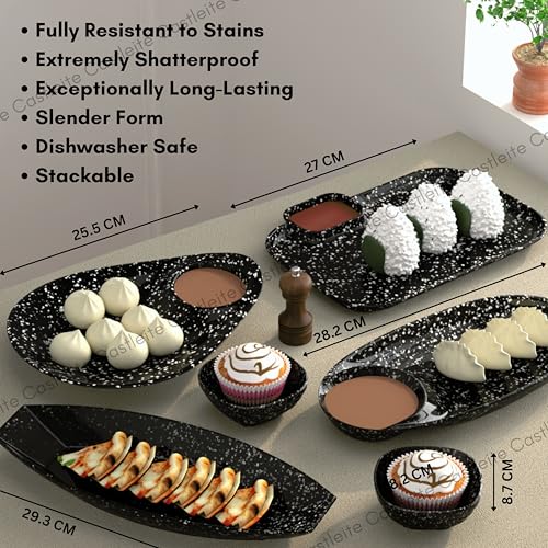 Castleite Islewight Multi-Purpose Kitchen Serving Platter: Deluxe Melamine Crockery Set of 6 - Versatile Chip and Dip Tray for Snacks, Starters & Desserts (Marble White) - Image 4