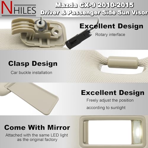 NHILES Left Driver & Right Passenger Sun Visor Compatible with Mazda CX-9 2010-2015 Sun Visor Replacement Number TD11-69-320C-75 TD12-69-320C-75 TD11-69-270B-75 TD12-69-270B-75 Color:Beige - Image 3