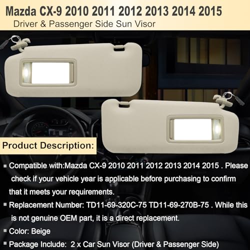 NHILES Left Driver & Right Passenger Sun Visor Compatible with Mazda CX-9 2010-2015 Sun Visor Replacement Number TD11-69-320C-75 TD12-69-320C-75 TD11-69-270B-75 TD12-69-270B-75 Color:Beige - Image 2