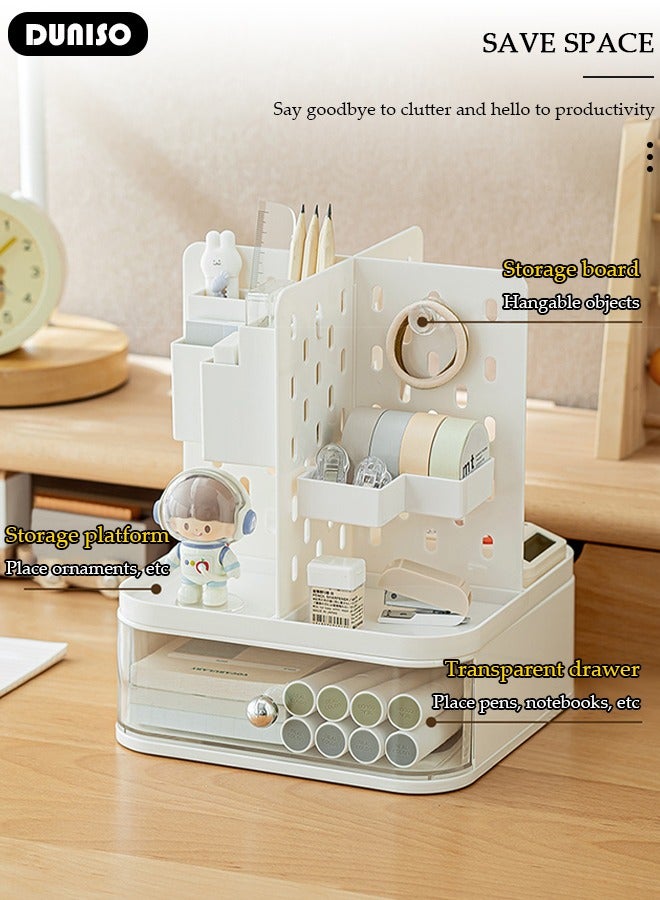 DUNISO 360 Degree Rotating Office Desk Organizers and Accessories with 1 Drawer, Pencil Pen Marker Holder for Desk Pegboard Organizer, Desktop Storage Organizers and Accessories for Office Home Art Supplies - Image 3