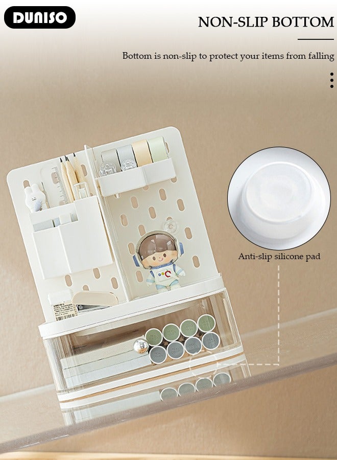 DUNISO 360 Degree Rotating Office Desk Organizers and Accessories with 1 Drawer, Pencil Pen Marker Holder for Desk Pegboard Organizer, Desktop Storage Organizers and Accessories for Office Home Art Supplies - Image 5