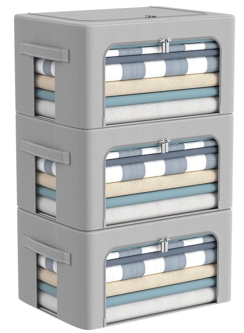 3Pack Frame Storage Box, Clothes Storage Bin Bags Oxford Fabric Foldable Stackable Container Organizer Set with Clear Window & Carry Handles Large Capacity (Grey, Small-22L) - Image 1