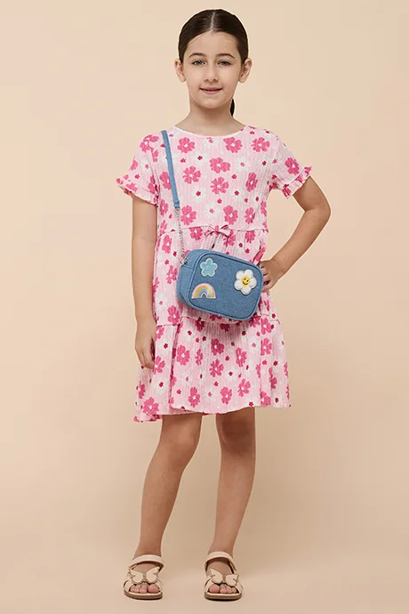 R&B Printed Tiered Dress with Crew Neck and Short Sleeves