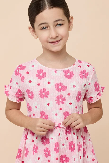 R&B Printed Tiered Dress with Crew Neck and Short Sleeves