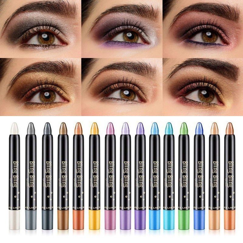 LSxia 15 Colors Glitter Eyeshadow Stick Colorful Set Shimmer Pearl Cream Eye Shadow Stick Pencil Crayon Shiny Colored Long Lasting Smooth Eyeshadow Pen Eye Makeup