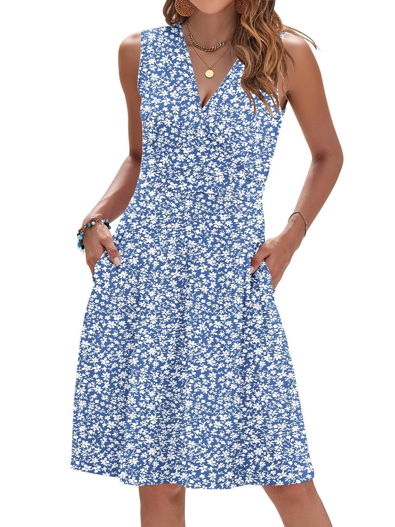 AUSELILY Plus Size Dresses Floral Sleeveless Wrap V Neck Summer Dress with Pockets, Gray Blue Flower M - Image 1