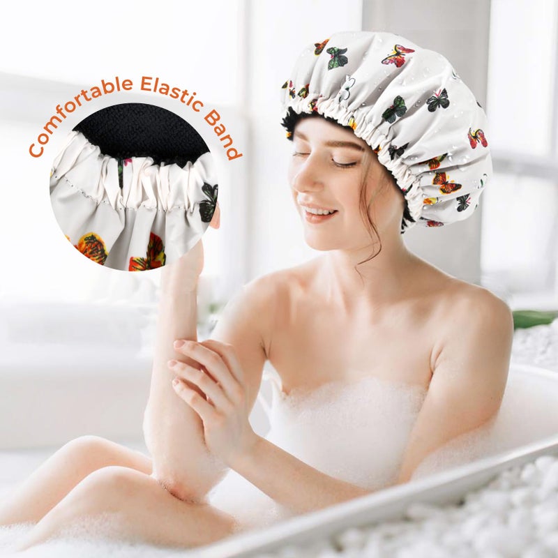 Aileam Shower Cap for Women Terry Lined Bath Cap Large Reusable Waterproof Elastic Band Butterfly Shower Caps for Long Thick Hair Soft Bath Shower Hair Caps - Image 4