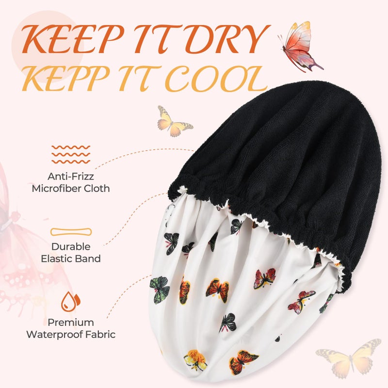 Aileam Shower Cap for Women Terry Lined Bath Cap Large Reusable Waterproof Elastic Band Butterfly Shower Caps for Long Thick Hair Soft Bath Shower Hair Caps - Image 2