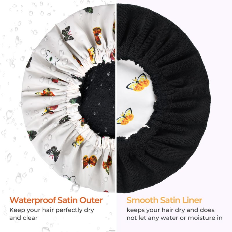 Aileam Shower Cap for Women Terry Lined Bath Cap Large Reusable Waterproof Elastic Band Butterfly Shower Caps for Long Thick Hair Soft Bath Shower Hair Caps - Image 5
