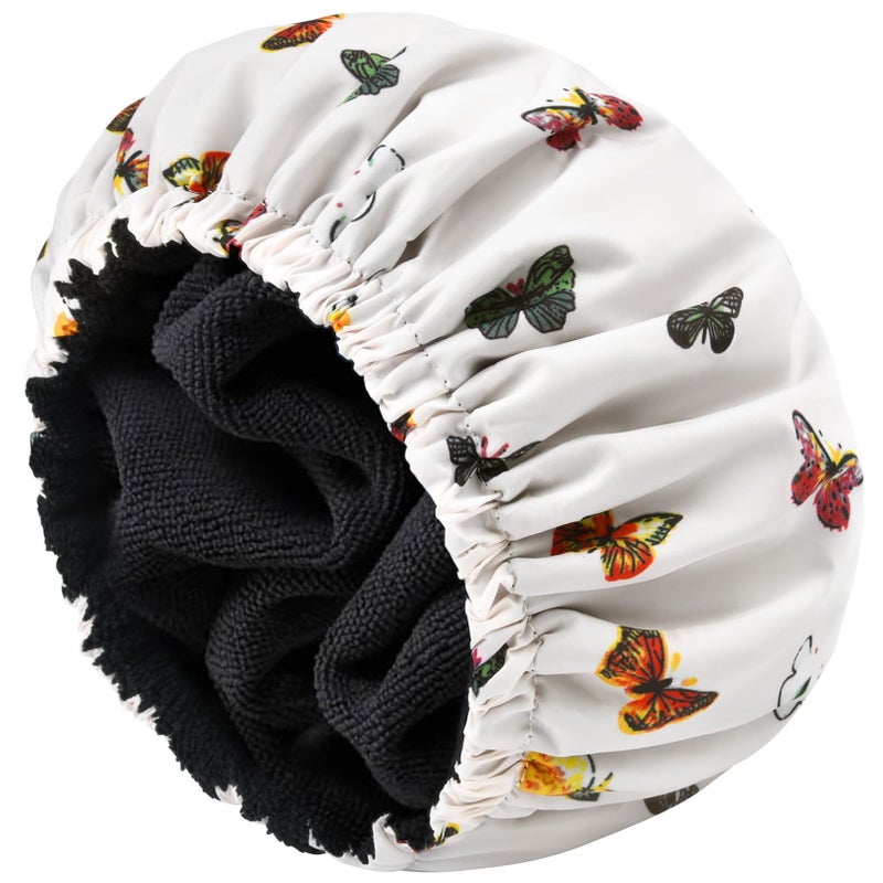 Aileam Shower Cap for Women Terry Lined Bath Cap Large Reusable Waterproof Elastic Band Butterfly Shower Caps for Long Thick Hair Soft Bath Shower Hair Caps - Image 1