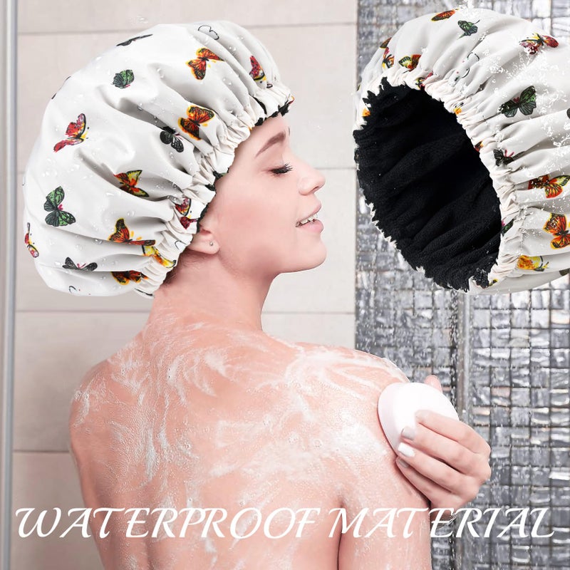 Aileam Shower Cap for Women Terry Lined Bath Cap Large Reusable Waterproof Elastic Band Butterfly Shower Caps for Long Thick Hair Soft Bath Shower Hair Caps - Image 3