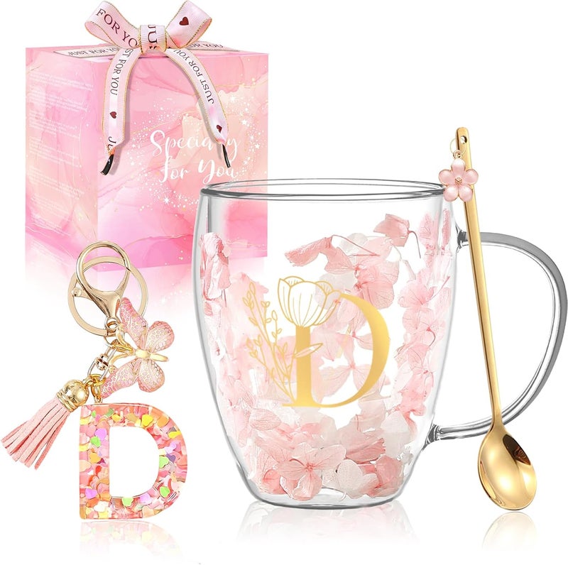 BigNoseDeer Gifts for Women Glass Coffee Mugs Unique Birthday Gift for Women Her Ladies Espresso Tea Cups Personalised Friendship Wedding Gifts Cute Double Walled Glass Mugs Pink Stuff Graduation Gift (Letter D) - Image 1