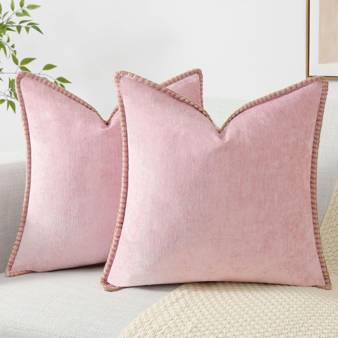 CHENILLE SOFT THROW PILLOW COVERS 18X18 SET OF 2 FARMHOUSE VELVET NEUTRAL DECORATIVE EURO PILLOW COVERS WITH STITCHED EDGE FOR COUCH SOFA BED HOME DECOR BLUSH PINK