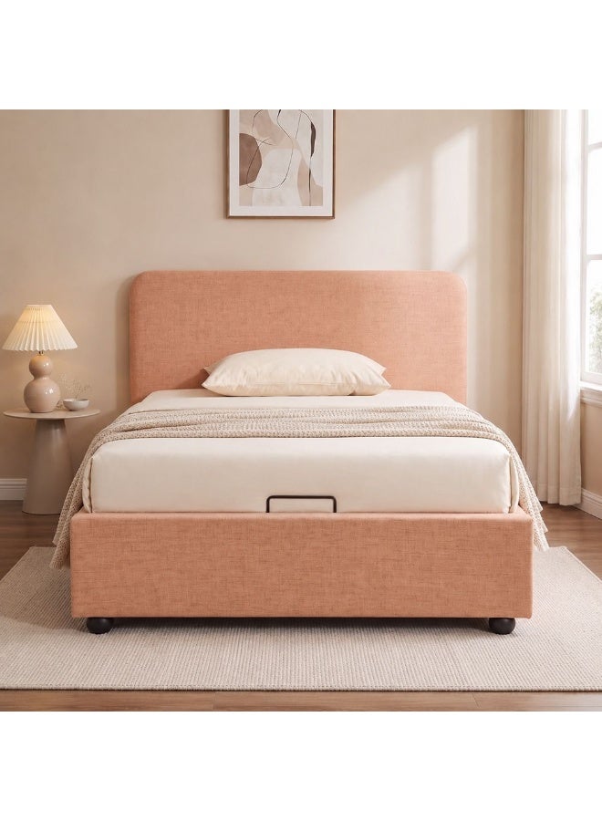 DANUBE HOME Maxillux Recta 90X200 Upholstered Kids Bed With Hydraulic Storage + Usb | Modern Design Single Bed Frame Furniture | Comfortable Bed (Mattress Not Included) L217xW102xH104cm - Peach Pink - Image 2