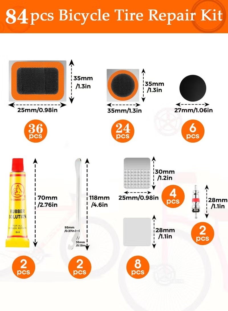 أخبار مجموعة إصلاح ثقوب الدراجات، 84 قطعة، رقع إصلاح ثقوب الدراجات ذاتية اللصق، مجموعة إصلاح إطارات الدراجات، مبرد معدني، مجموعات إصلاح إطارات الدراجات للدراجات الجبلية/الطرق أو الدراجات العادية - Image 2