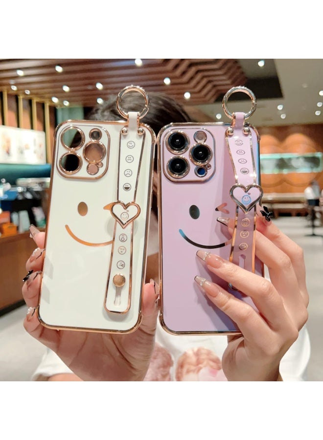 Q TRIPLE A Perfect & Beautiful Case for iPhone 16 Pro | Super Girly Design | Electroplated Smiley & Emoji | Protective & Soft Cover | with Adjustable Finger Strap & Kickstand | Anti-Fall Fashion Case for Women & Girls | Special or Party & Events | Color (White) - Image 3