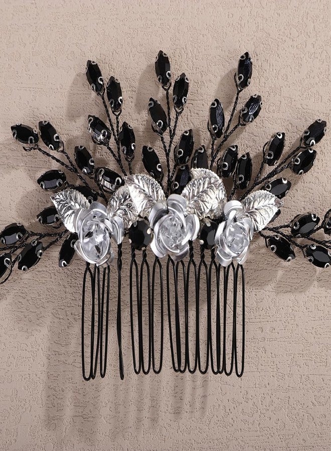 Rumtock Black Rhinestones Beads 3D Petal White Flower Silver Hair Comb for Wedding Brides Women Banquet Vintage Hair Accessories (Black) - Image 4