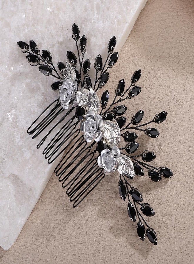 Rumtock Black Rhinestones Beads 3D Petal White Flower Silver Hair Comb for Wedding Brides Women Banquet Vintage Hair Accessories (Black) - Image 3