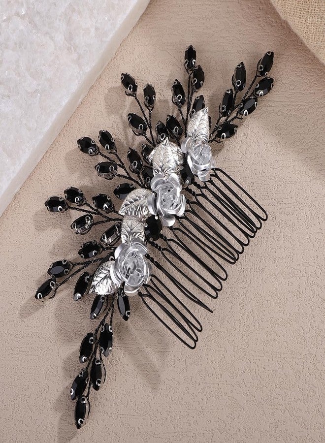 Rumtock Black Rhinestones Beads 3D Petal White Flower Silver Hair Comb for Wedding Brides Women Banquet Vintage Hair Accessories (Black) - Image 2