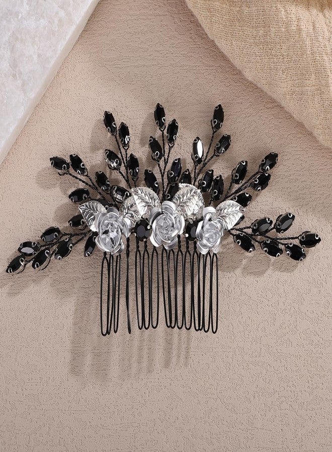 Rumtock Black Rhinestones Beads 3D Petal White Flower Silver Hair Comb for Wedding Brides Women Banquet Vintage Hair Accessories (Black) - Image 1