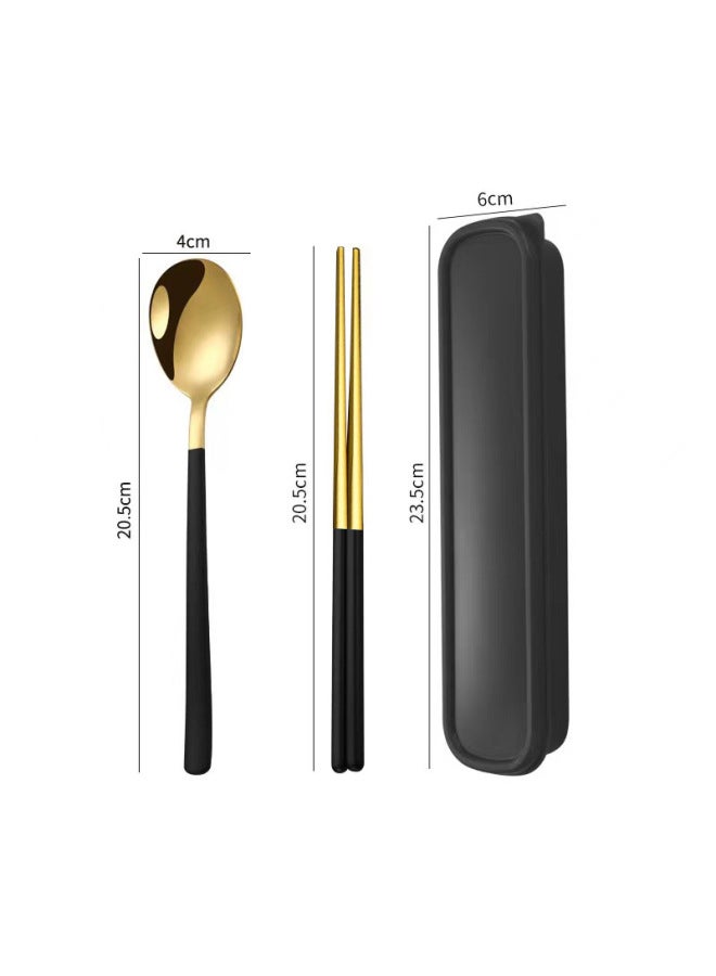 Chopsticks Spoon Suit Portable Box Tableware Children's Primary School School Special Storage Box Set Of Three To Take To Work-Specifications:Black Gold Two-Piece Set - Image 1