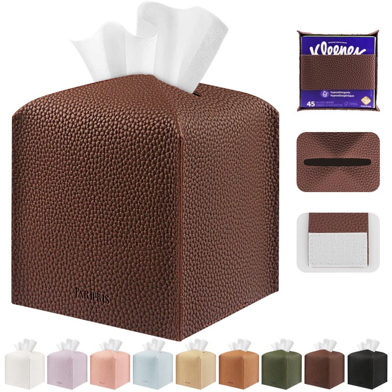 PARIERIS Tissue Box Cover Holder Square Tissue Cube Cover PU Leather Tissue Organizer with Bottom Belt for Bathroom, Tabletop, Car, Night Stands, Office, Home, Kitchen (1, CoffeeBrown) - Image 1