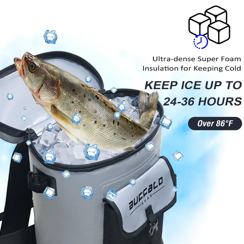 Buffalo Gear Fish Cooler Backpack 30L 32Qt Insulated Fishing Cooler Bag with Drain Plug Waterproof Kill Backpack, Grey - Image 3
