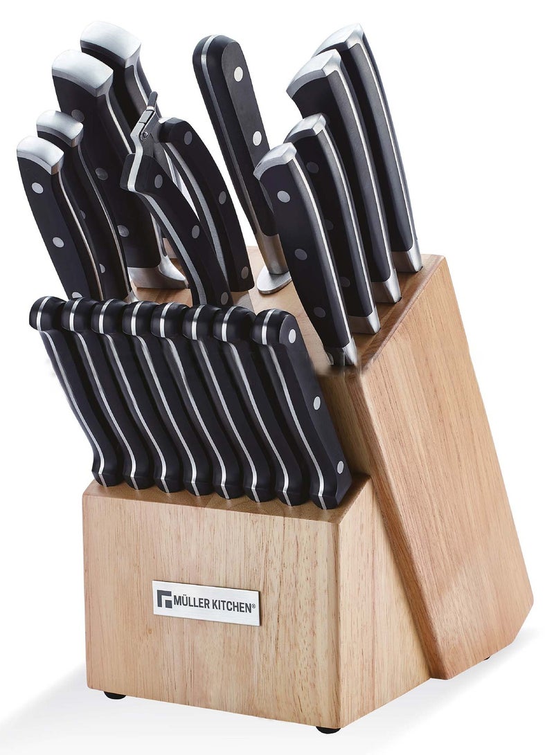 MULLER KITCHEN 19-Piecs of Stainless Steel Knife Set for Kitchen Black/Silver with Wooden Block - Image 1