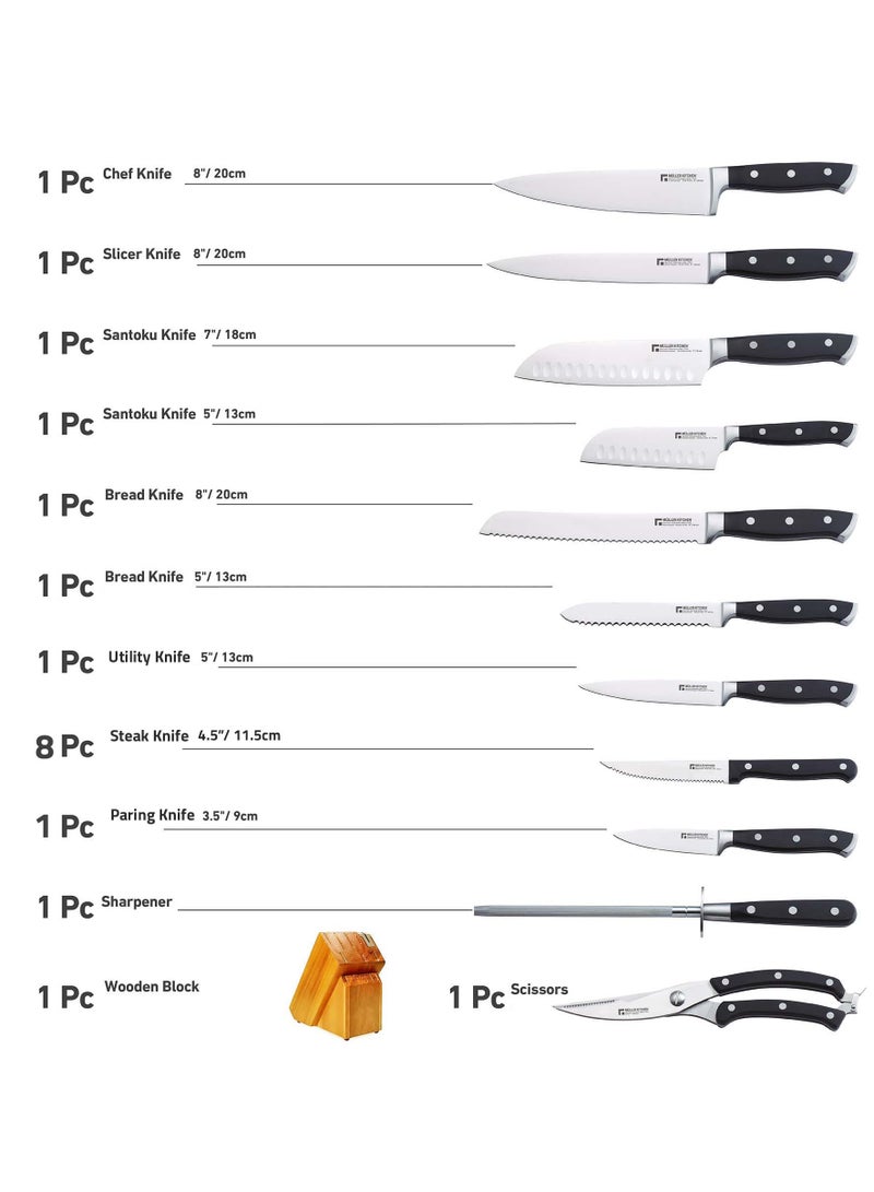 MULLER KITCHEN 19-Piecs of Stainless Steel Knife Set for Kitchen Black/Silver with Wooden Block - Image 2