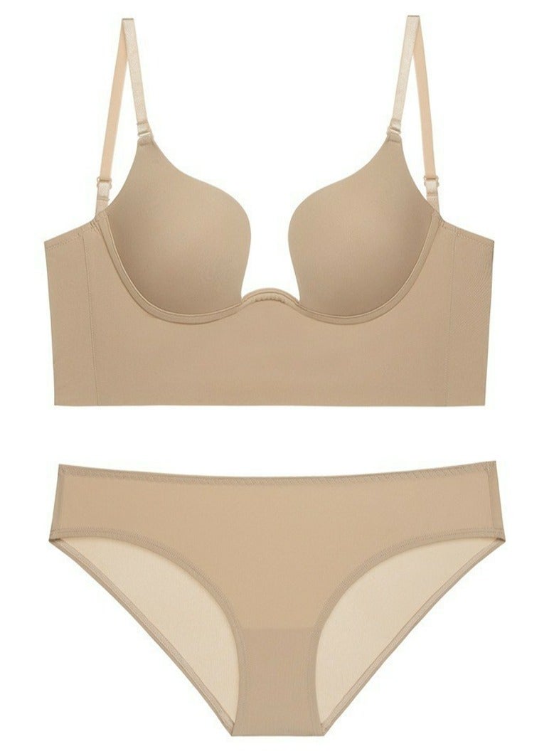Loquat Solid Color U Style Breathable Bra Panty Set Beige