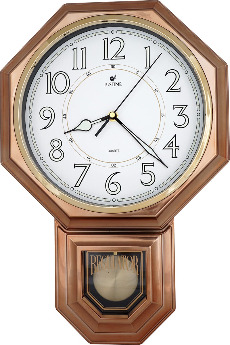 JUSTIME Traditional Schoolhouse Luminious Arabic Regulator Wall Clock Chiming Wall Clocks with Pendulum Westminster Chime Hourly Schoolhouse Wall Decor Battery Operated Vintage Copper